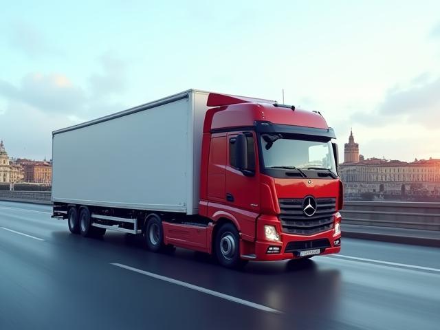 Camion in movimento con skyline di Bologna sullo sfondo
